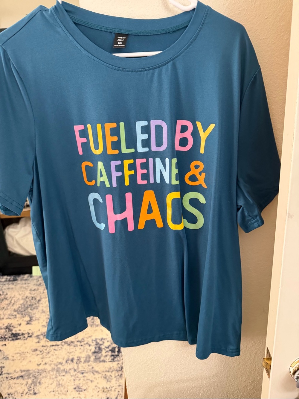Cute Teal Graphic Tee - Fueled By Caffeine & Chaos